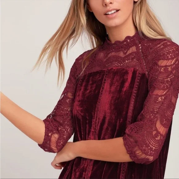 Lulu’s Love Me Always Burgundy Crocheted Lace Velvet Shift Dress - Picture 5 of 10